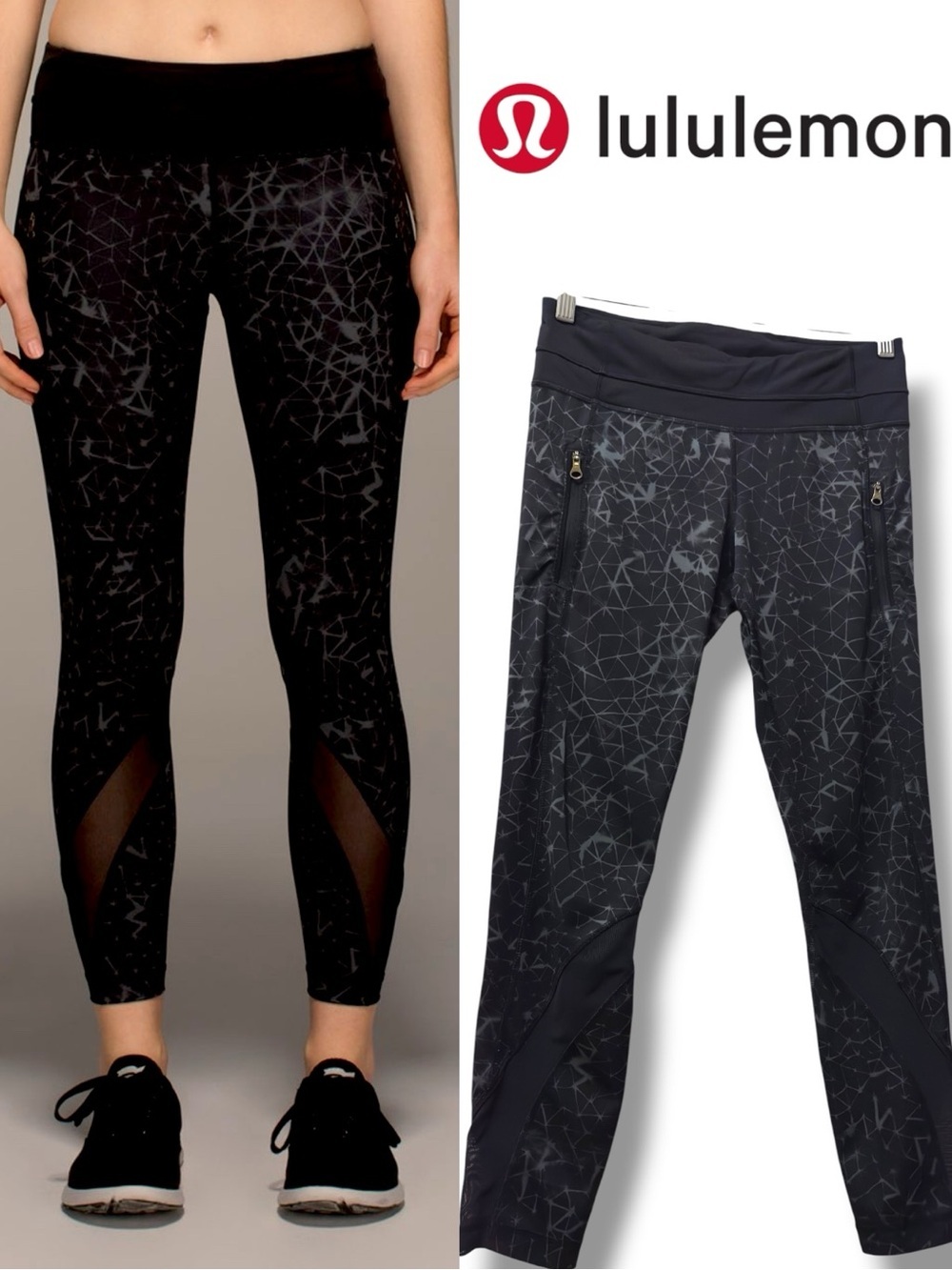 Lululemon | EUC Black Geo-Print Mesh Zip Pockets High‑Rise Leggings (size M)